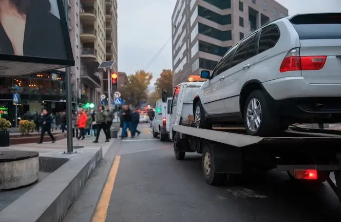  car on flatbed in city small