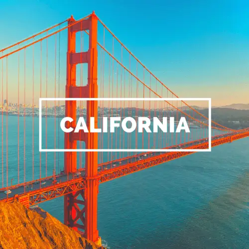 Image of Golden Gate Bridge in the background with the word California in the middle