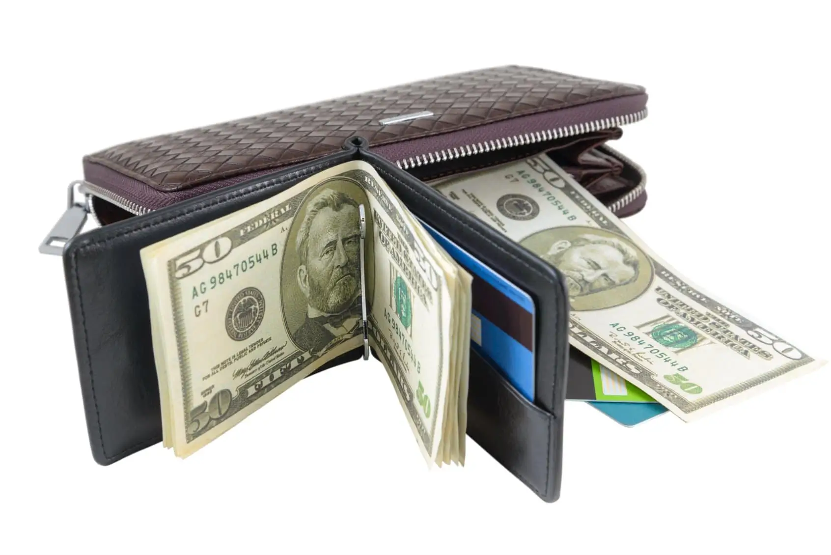 two wallets contaning fifty dollar bills