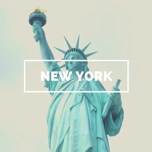 Image shows the statue of liberty in the background and the word New York written in the middle.