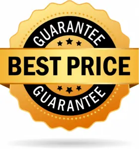 Blue and gold seal with best price guarantee text, symbolizing the promise of unbeatable prices for customers.
