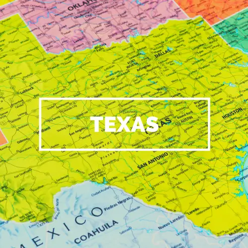 A map of Texas, highlighted in yellow, fills the background. The word Texas is positioned in the middle of the image.