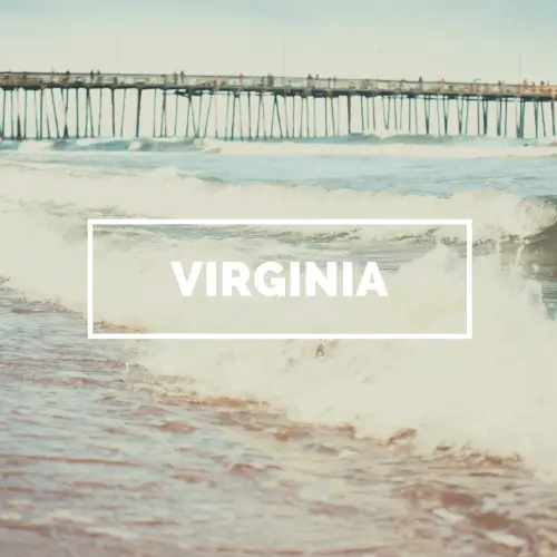 A long wooden fishing pier extending into calm waters, representing a coastal scene in Virginia.  The text overlay identifies the location as Virginia