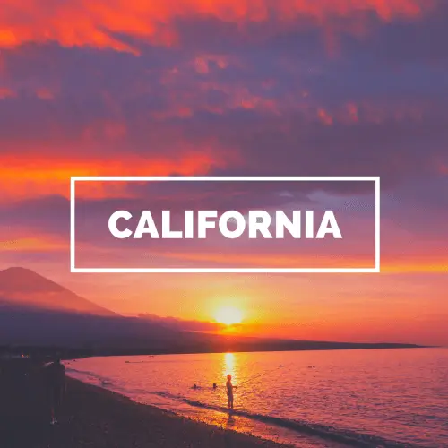 pretty sunset over a beach with the world California in the center
