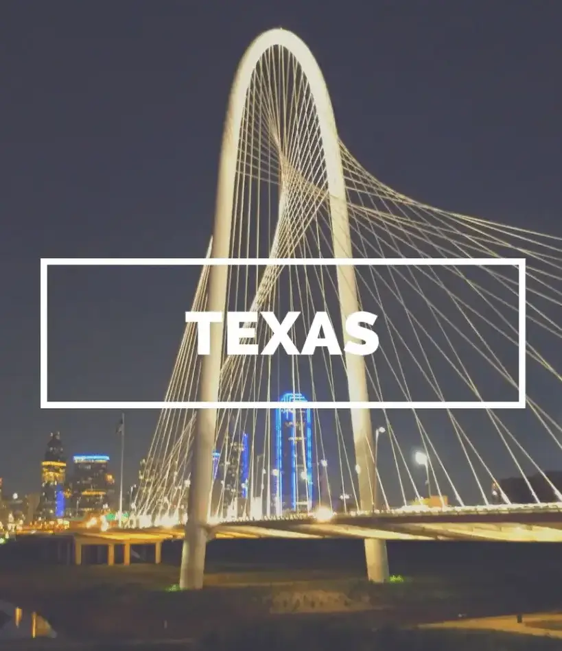 A photo with the iconic Margaret Hunt Hill Bridge in the background and the word Texas prominently featured in the middle