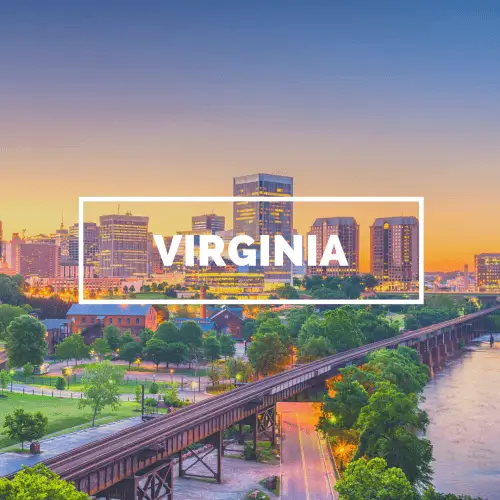 Image of a bridge, crossing a river with the Richmond, Virginia skyline in the distance.The sky is awash with twilight colors, and the word Virginia is written in white lettering in the middle of the image.