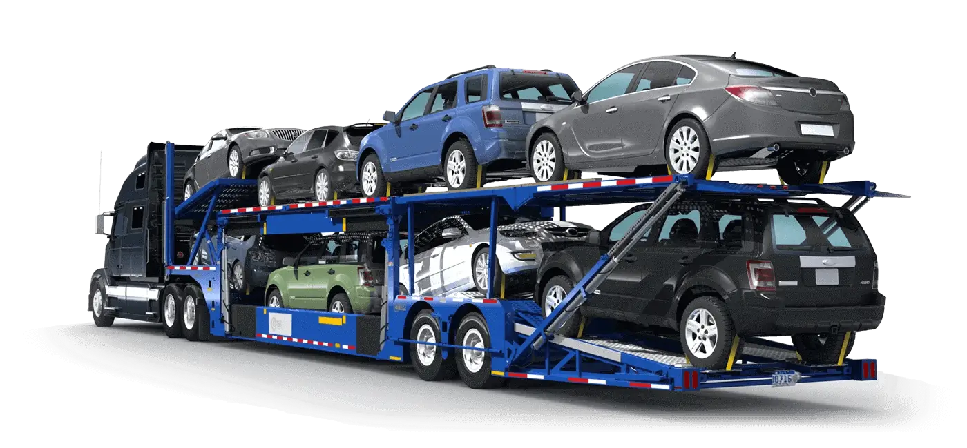 A car transport truck carrying cars on its back.