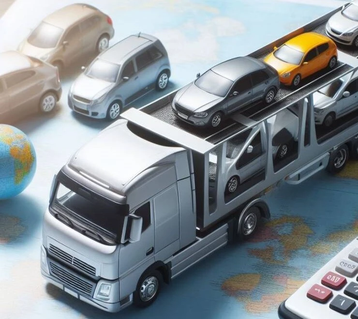 A toy car carrier truck is loaded with several cars on top of a map