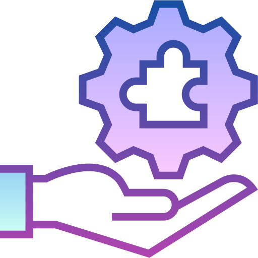 Purple gear with a white puzzle piece centered above an outstretched hand, symbolizing technical support and problem-solving.