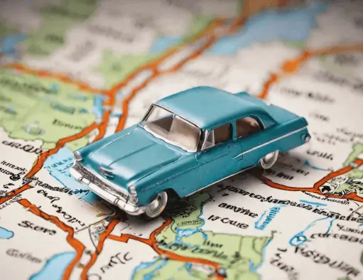  A blue toy car is on top of a map