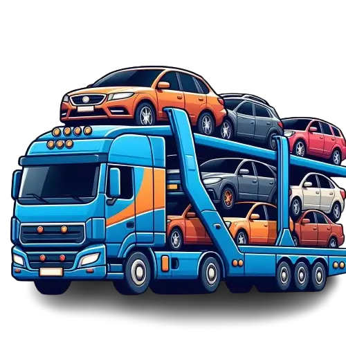 A car transport truck carrying cars on its back, ready for delivery.
