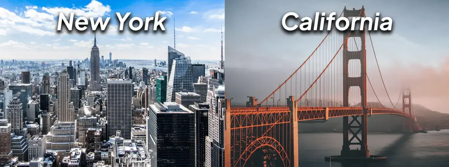 The image shows two contrasting scenes, one for New York and the other for California. The New York side depicts a dense skyline of towering skyscrapers, including the iconic Empire State Building. The California side shows the famous Golden Gate Bridge spanning across the San Francisco Bay, set against a hazy sunset sky with hills in the background.