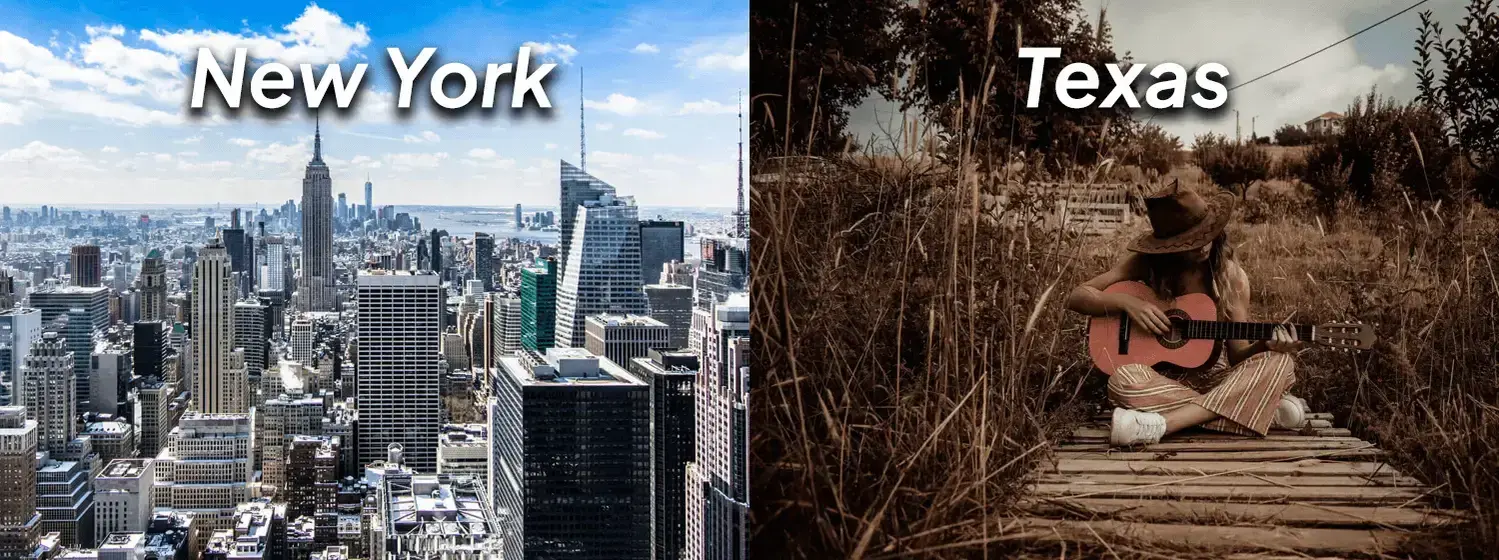 The is divided into two sections. The left image shows the skyline of a city in New York with the word New York written in the middle of it.  The right image shows a person wearing a cowboy hat, sitting and playing the guitar in the middle of a field.