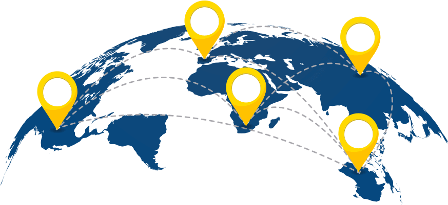 Stylized blue world map with yellow location markers connected by dashed lines, symbolizing a global network or travel routes.