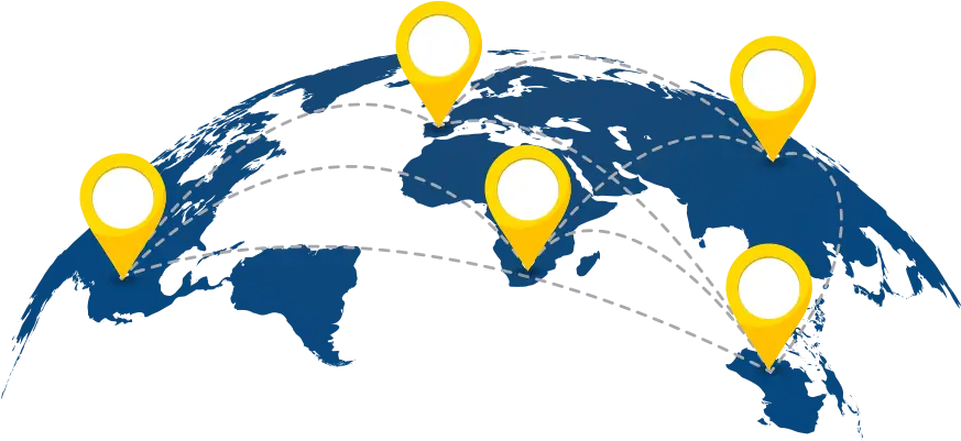A dark blue map of the world with five yellow location markers connected by dashed lines, indicating global connection points.