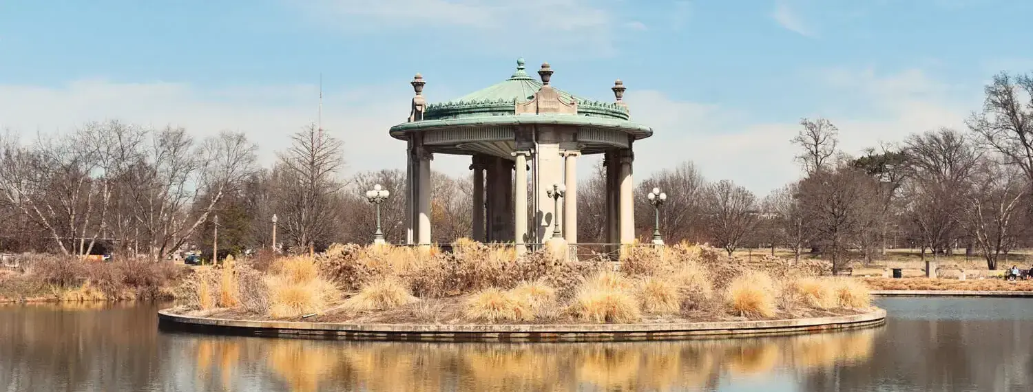 The Nathan Frank Bandstand, a historic landmark pavilion, situated in Forest Park, St. Louis Missouri.